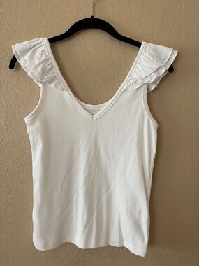 Old Navy White Ruffle Strap Ribbed V-Neck Tank